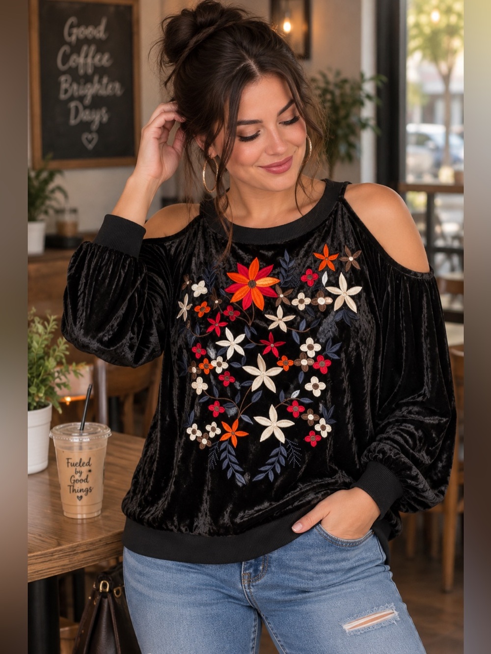 Listicle Black Velvet Floral Embroidered Cold Shoulder Top Size M